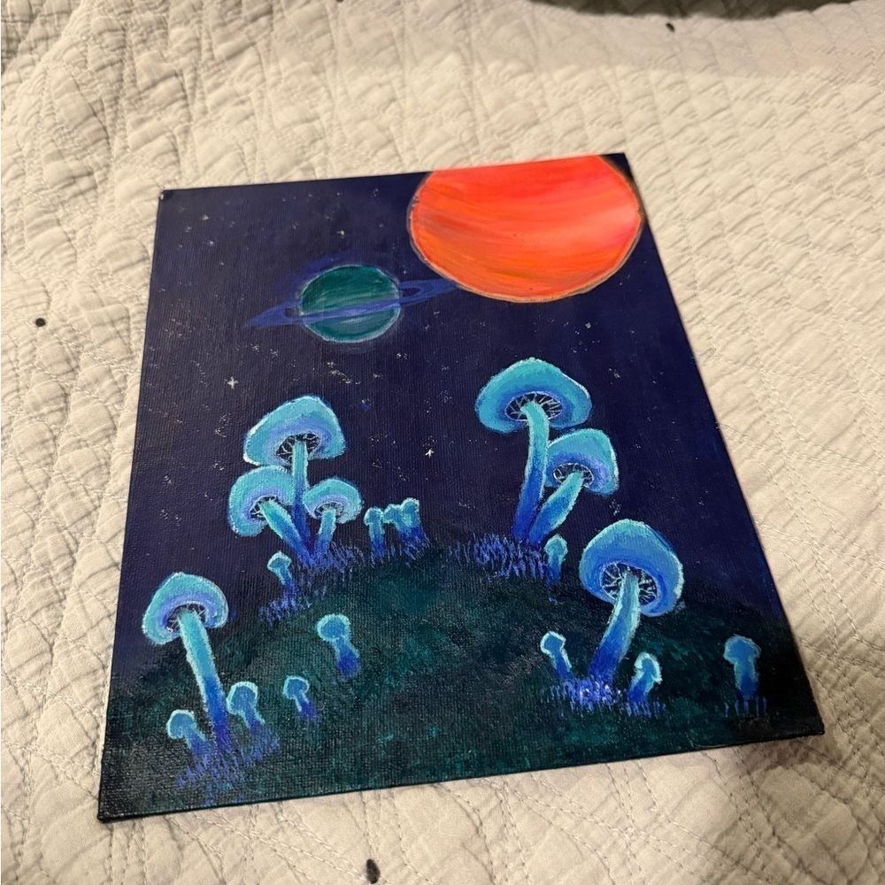 Space planet glowing mushroom hand painted canvas board 9”x12” Wall Decor